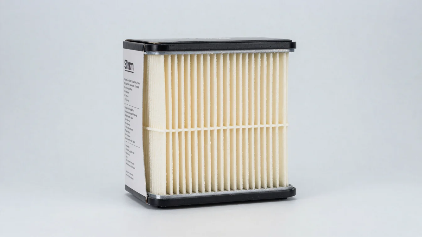 Detailed shot of an engine filter in its original branded box, clean commercial studio photography, crisp neutral lighti