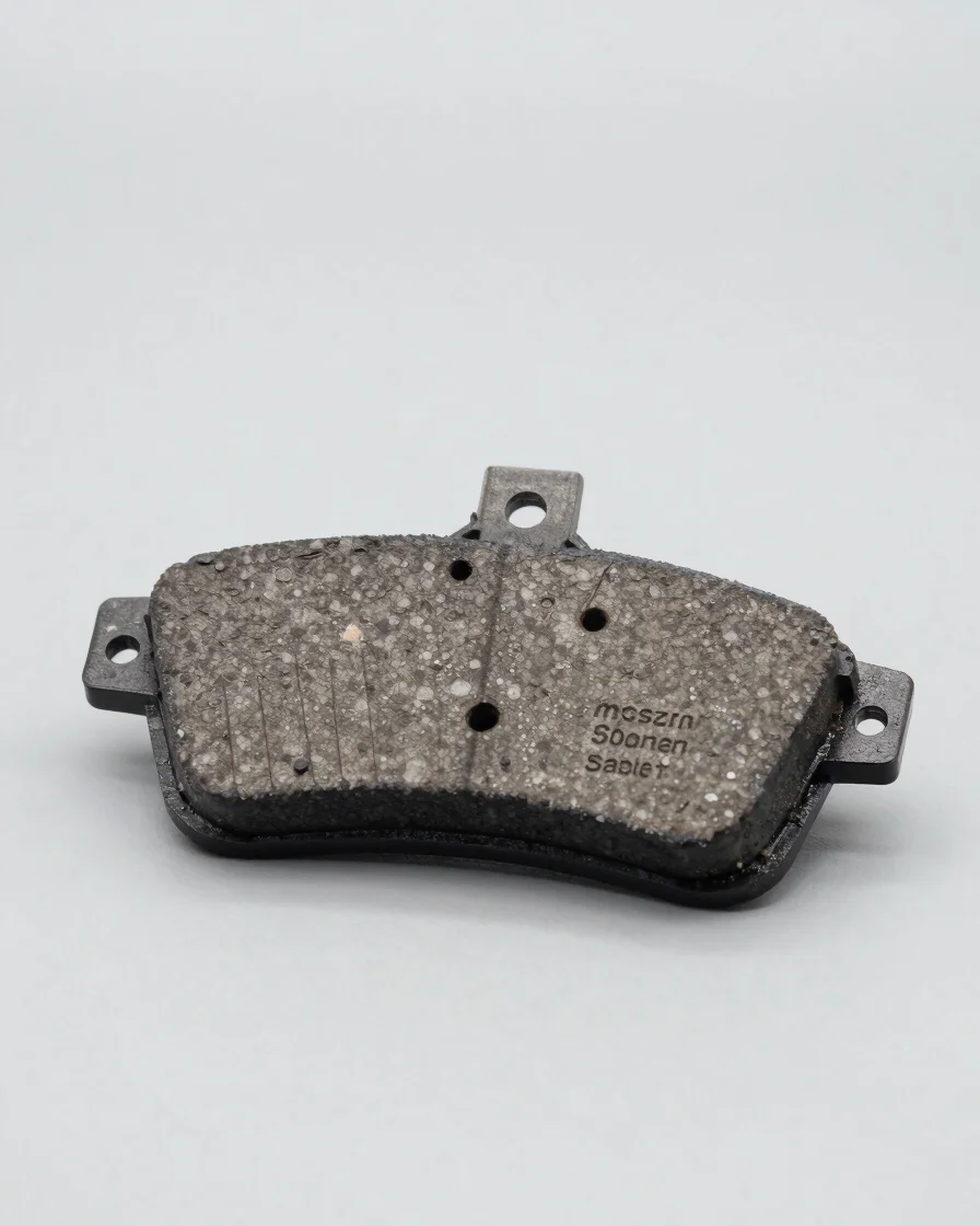 Close-up of a new, clean brake pad with technical markings, crisp